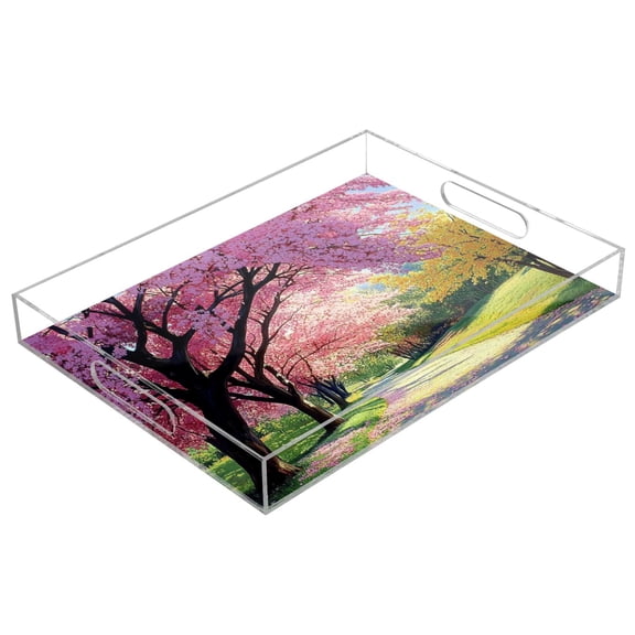 Acrylic Tray 15.7*11.8*1.9 Inch Transparent Tray Food Tray Tea Cup Tray Serving Trays Cosmetics Storage Kitchen Table Bathroom Sundry Storage Beautiful Tree in Spring