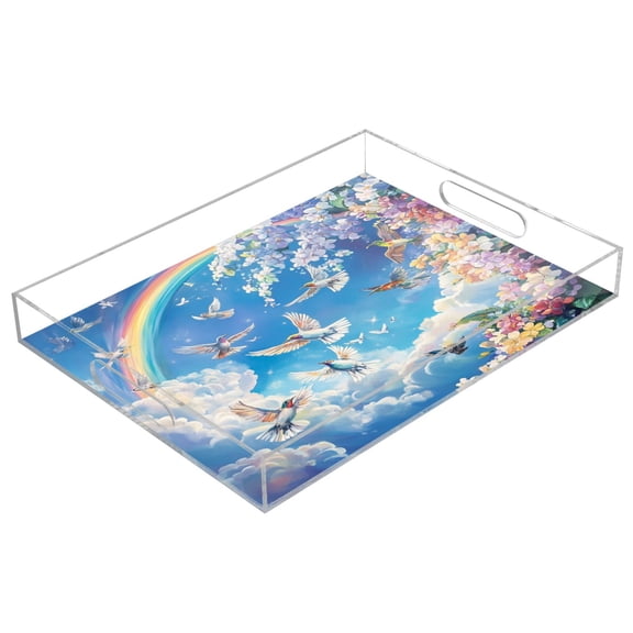 Acrylic Tray 15.7*11.8*1.9 Inch Transparent Tray Food Tray Tea Cup Tray Serving Trays Cosmetics Storage Kitchen Table Bathroom Sundry Storage Beautiful Rainbow Dove