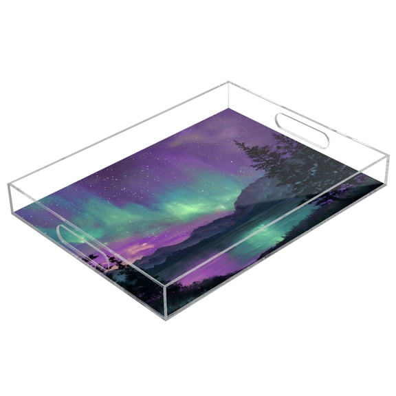 Acrylic Tray 15.7*11.8*1.9 Inch Transparent Tray Food Tray Tea Cup Tray Serving Trays Cosmetics Storage Kitchen Table Bathroom Sundry Storage Beautiful Aurora Pattern