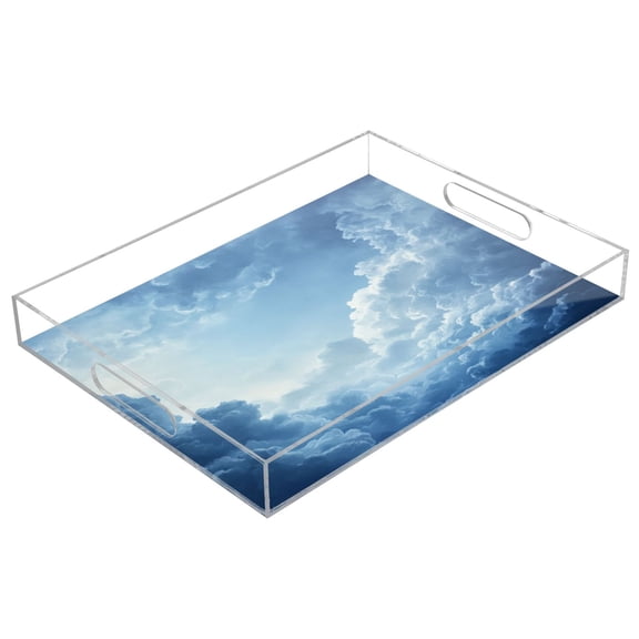 Acrylic Tray 15.7*11.8*1.9 Inch Transparent Tray Food Tray Tea Cup Tray Serving Trays Cosmetics Storage Kitchen Table Bathroom Sundry Storage Beautiful Blue White Clouds