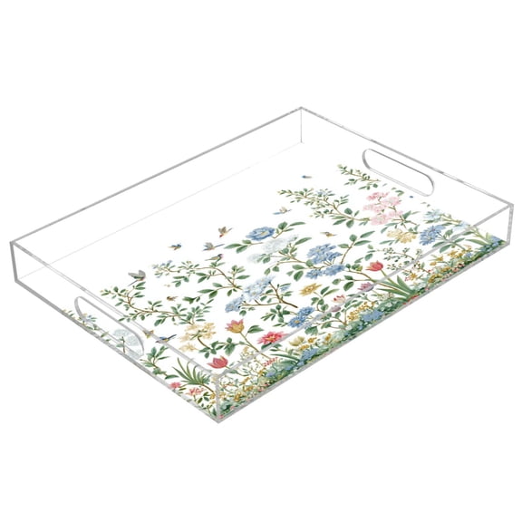 Acrylic Tray 15.7*11.8*1.9 Inch Transparent Tray Food Tray Tea Cup Tray Serving Trays Cosmetics Storage Kitchen Table Bathroom Sundry Storage Beautiful Flowers and Hummingbirds