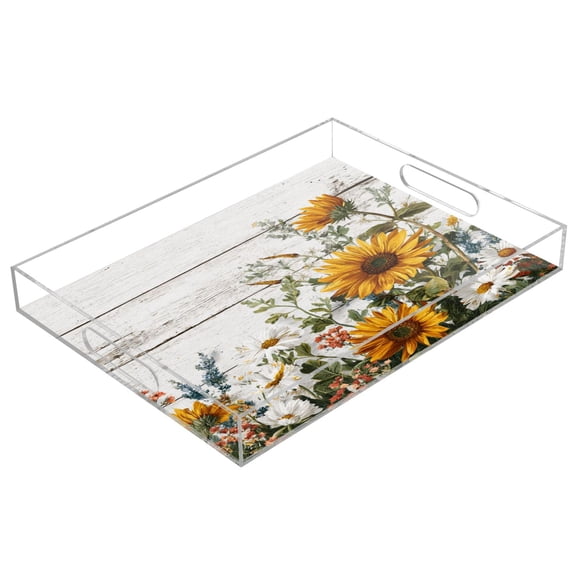 Acrylic Tray 15.7*11.8*1.9 Inch Transparent Tray Food Tray Tea Cup Tray Serving Trays Cosmetics Storage Kitchen Table Bathroom Sundry Storage Beautiful Yellow Chrysanthemum
