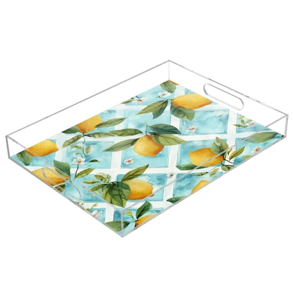 Acrylic Tray 15.7*11.8*1.9 Inch Transparent Tray Food Tray Tea Cup Tray Serving Trays Cosmetics Storage Kitchen Table Bathroom Sundry Storage Beautiful Yellow Lemon Pattern