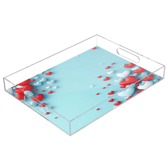 Acrylic Tray 15.7*11.8*1.9 Inch Transparent Tray Food Tray Tea Cup Tray Serving Trays Cosmetics Storage Kitchen Table Bathroom Sundry Storage Beautiful Blue Heart Pattern