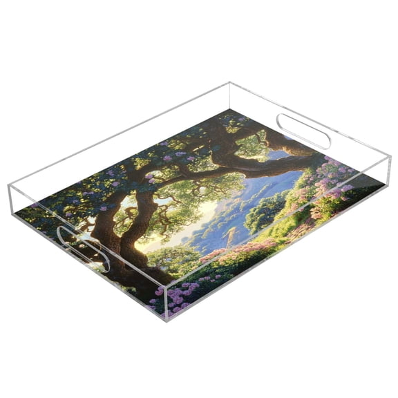 Acrylic Tray 15.7*11.8*1.9 Inch Transparent Tray Food Tray Tea Cup Tray Serving Trays Cosmetics Storage Kitchen Table Bathroom Sundry Storage Beautiful Summer Tree