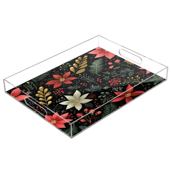 Acrylic Tray 15.7*11.8*1.9 Inch Transparent Tray Food Tray Tea Cup Tray Serving Trays Cosmetics Storage Kitchen Table Bathroom Sundry Storage Beautiful Christmas Flowers