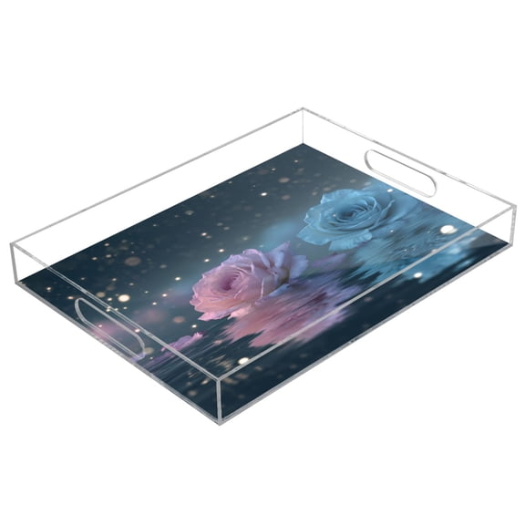 Acrylic Tray 15.7*11.8*1.9 Inch Transparent Tray Food Tray Tea Cup Tray Serving Trays Cosmetics Storage Kitchen Table Bathroom Sundry Storage Beautiful Roses