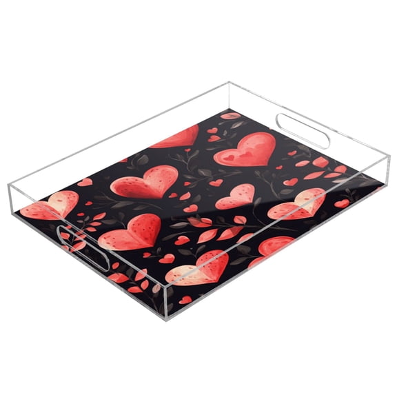 Acrylic Tray 15.7*11.8*1.9 Inch Transparent Tray Food Tray Tea Cup Tray Serving Trays Cosmetics Storage Kitchen Table Bathroom Sundry Storage Beautiful Love Heart Pattern