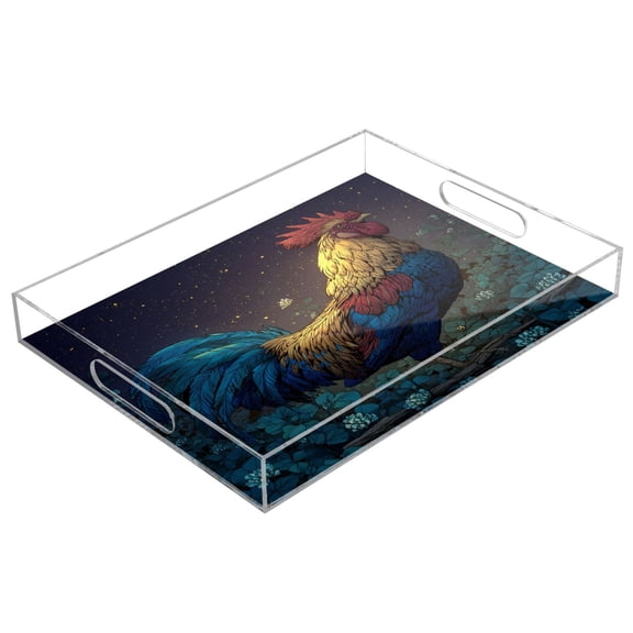 Acrylic Tray 15.7*11.8*1.9 Inch Transparent Tray Food Tray Tea Cup Tray Serving Trays Cosmetics Storage Kitchen Table Bathroom Sundry Storage Beautiful Golden Rooster