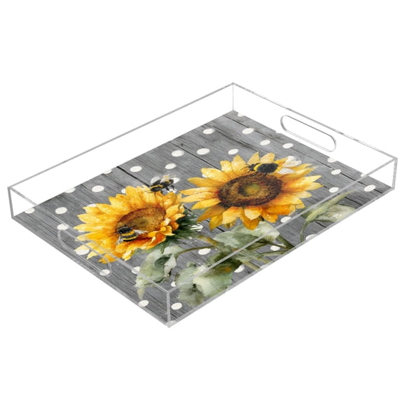 Acrylic Tray 15.7*11.8*1.9 Inch Transparent Tray Food Tray Tea Cup Tray Serving Trays Cosmetics Storage Kitchen Table Bathroom Sundry Storage Bee Sunflower