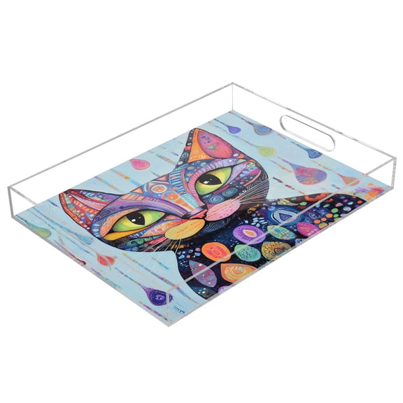 Acrylic Tray 15.7*11.8*1.9 Inch Transparent Tray Food Tray Tea Cup Tray Serving Trays Cosmetics Storage Kitchen Table Bathroom Sundry Storage Big Eyes Cool Cat