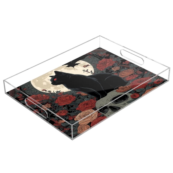 Acrylic Tray 15.7*11.8*1.9 Inch Transparent Tray Food Tray Tea Cup Tray Serving Trays Cosmetics Storage Kitchen Table Bathroom Sundry Storage Black Cat Skull Art