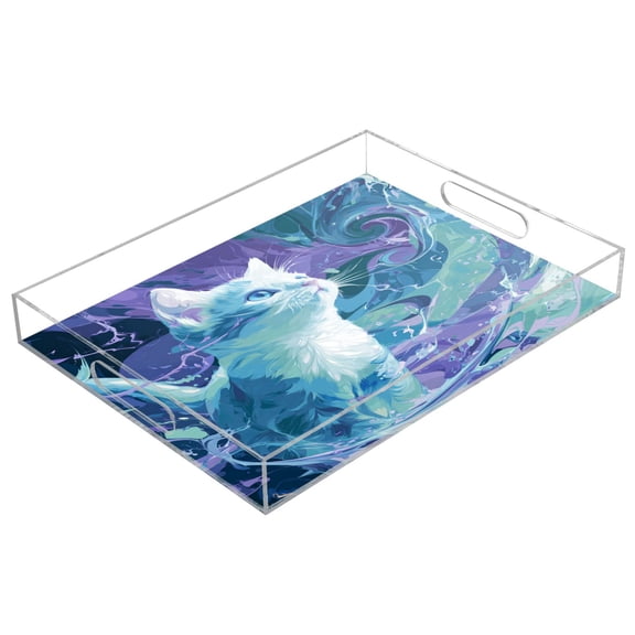 Acrylic Tray 15.7*11.8*1.9 Inch Transparent Tray Food Tray Tea Cup Tray Serving Trays Cosmetics Storage Kitchen Table Bathroom Sundry Storage Blue Cat