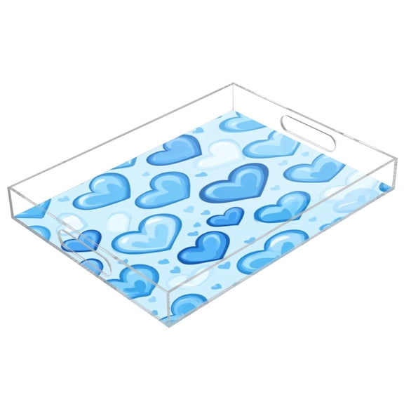 Acrylic Tray 15.7*11.8*1.9 Inch Transparent Tray Food Tray Tea Cup Tray Serving Trays Cosmetics Storage Kitchen Table Bathroom Sundry Storage Blue Heart1