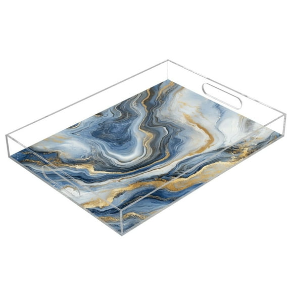 Acrylic Tray 15.7*11.8*1.9 Inch Transparent Tray Food Tray Tea Cup Tray Serving Trays Cosmetics Storage Kitchen Table Bathroom Sundry Storage Blue Marble
