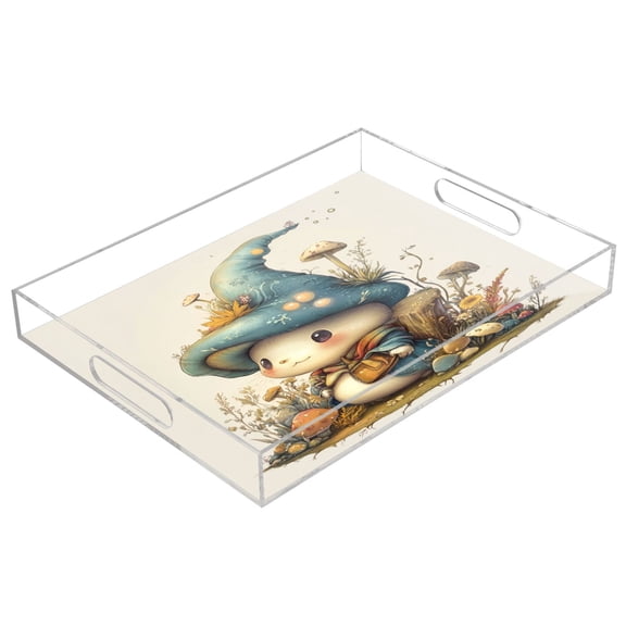 Acrylic Tray 15.7*11.8*1.9 Inch Transparent Tray Food Tray Tea Cup Tray Serving Trays Cosmetics Storage Kitchen Table Bathroom Sundry Storage Blue Mushroom Rabbit