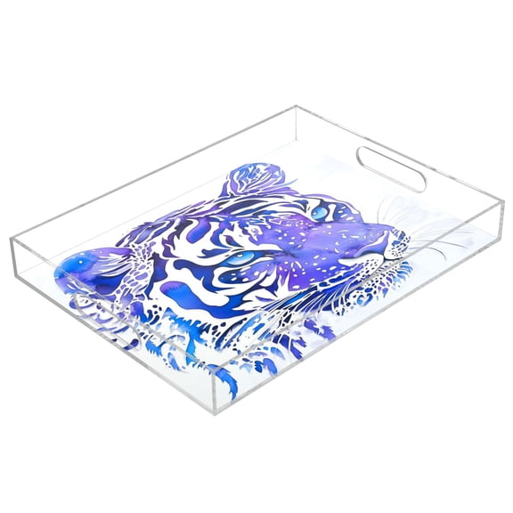 Acrylic Tray 15.7*11.8*1.9 Inch Transparent Tray Food Tray Tea Cup Tray Serving Trays Cosmetics Storage Kitchen Table Bathroom Sundry Storage Blue Pretty Tiger