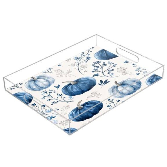Acrylic Tray 15.7*11.8*1.9 Inch Transparent Tray Food Tray Tea Cup Tray Serving Trays Cosmetics Storage Kitchen Table Bathroom Sundry Storage Blue Pumpkin