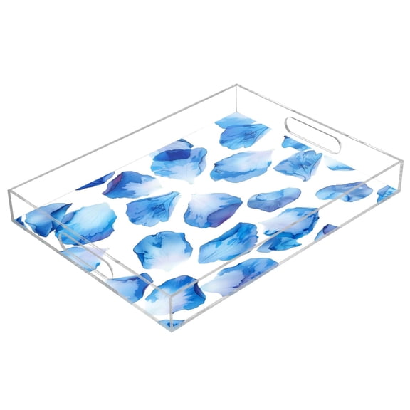 Acrylic Tray 15.7*11.8*1.9 Inch Transparent Tray Food Tray Tea Cup Tray Serving Trays Cosmetics Storage Kitchen Table Bathroom Sundry Storage Blue Rose Petals