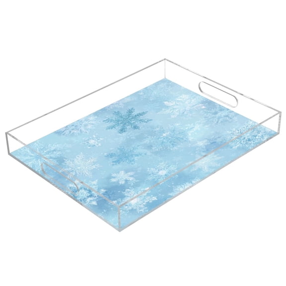 Acrylic Tray 15.7*11.8*1.9 Inch Transparent Tray Food Tray Tea Cup Tray Serving Trays Cosmetics Storage Kitchen Table Bathroom Sundry Storage Blue Snowflakes