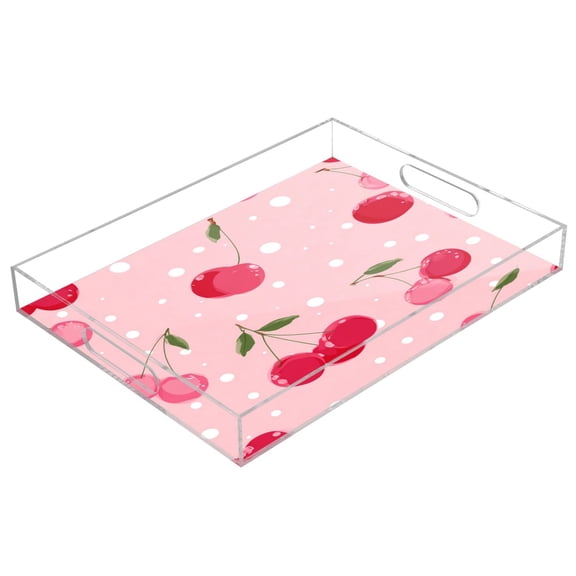 Acrylic Tray 15.7*11.8*1.9 Inch Transparent Tray Food Tray Tea Cup Tray Serving Trays Cosmetics Storage Kitchen Table Bathroom Sundry Storage Bright Cherry Blossom Pattern