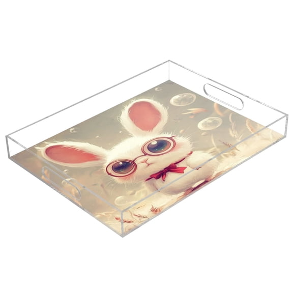 Acrylic Tray 15.7*11.8*1.9 Inch Transparent Tray Food Tray Tea Cup Tray Serving Trays Cosmetics Storage Kitchen Table Bathroom Sundry Storage Cartoon Rabbit with Glasses