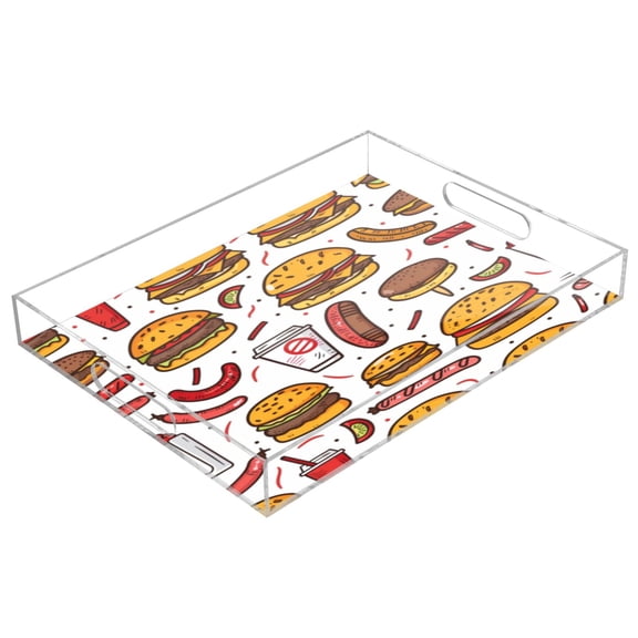 Acrylic Tray 15.7*11.8*1.9 Inch Transparent Tray Food Tray Tea Cup Tray Serving Trays Cosmetics Storage Kitchen Table Bathroom Sundry Storage Cartoon Burger Sausage