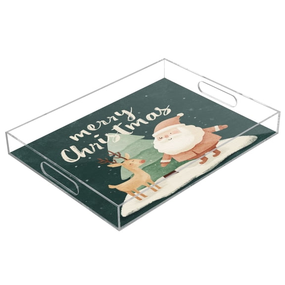 Acrylic Tray 15.7*11.8*1.9 Inch Transparent Tray Food Tray Tea Cup Tray Serving Trays Cosmetics Storage Kitchen Table Bathroom Sundry Storage Cartoon Santa Claus and Deer