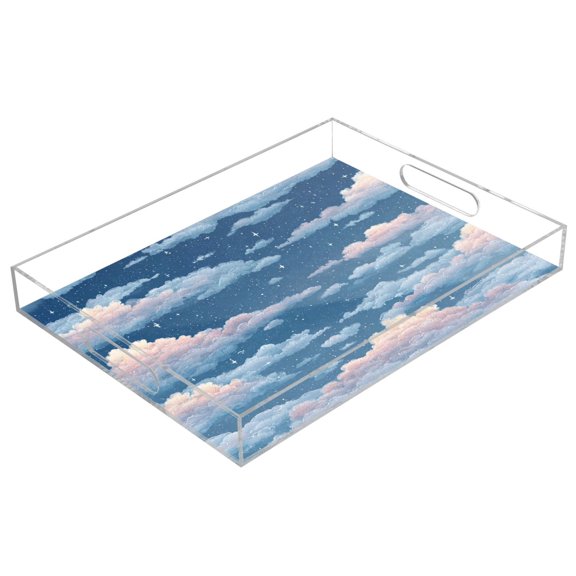 Acrylic Tray 15.7*11.8*1.9 Inch Transparent Tray Food Tray Tea Cup Tray Serving Trays Cosmetics Storage Kitchen Table Bathroom Sundry Storage Cartoon Beautiful Sky