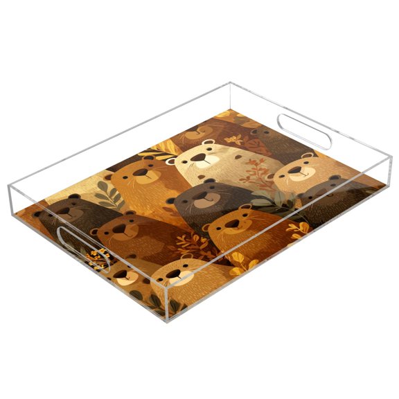 Acrylic Tray 15.7*11.8*1.9 Inch Transparent Tray Food Tray Tea Cup Tray Serving Trays Cosmetics Storage Kitchen Table Bathroom Sundry Storage Cartoon Beaver Group