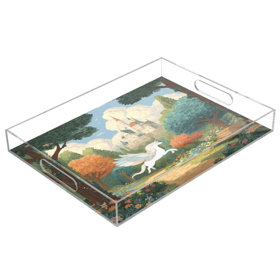 Acrylic Tray 15.7*11.8*1.9 Inch Transparent Tray Food Tray Tea Cup Tray Serving Trays Cosmetics Storage Kitchen Table Bathroom Sundry Storage Cartoon Enchanted Pegasus Scene