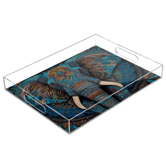 Acrylic Tray 15.7*11.8*1.9 Inch Transparent Tray Food Tray Tea Cup Tray Serving Trays Cosmetics Storage Kitchen Table Bathroom Sundry Storage Cartoon Blue Eephant