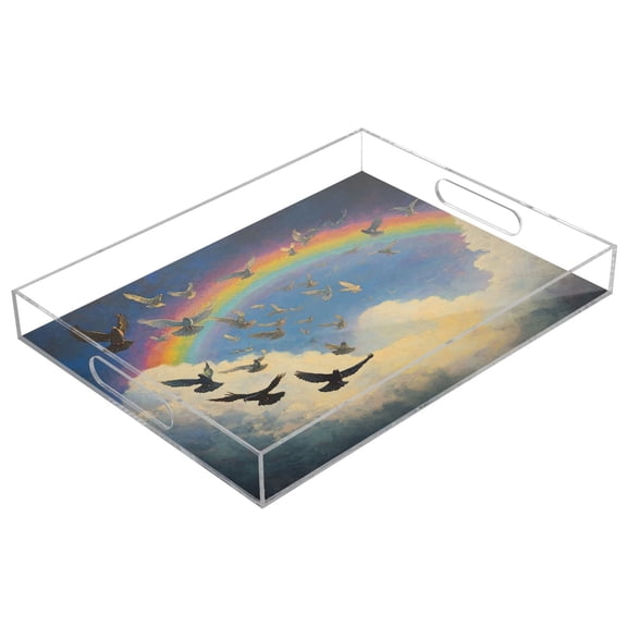 Acrylic Tray 15.7*11.8*1.9 Inch Transparent Tray Food Tray Tea Cup Tray Serving Trays Cosmetics Storage Kitchen Table Bathroom Sundry Storage Cartoon Beautiful Rainbow