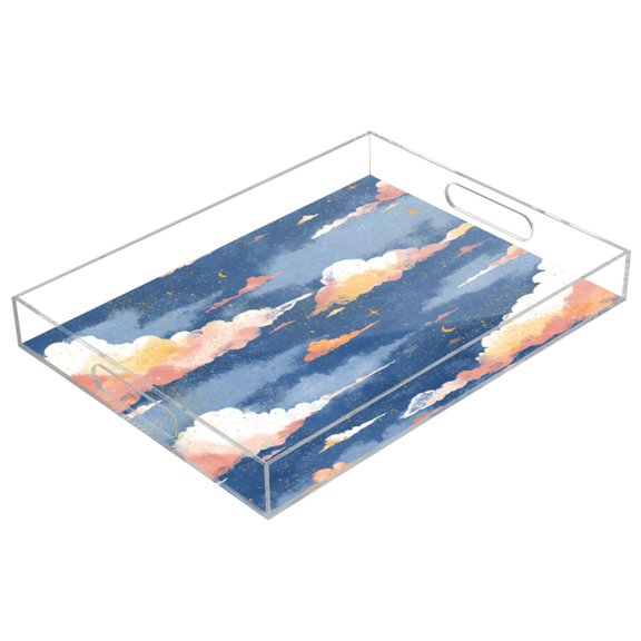 Acrylic Tray 15.7*11.8*1.9 Inch Transparent Tray Food Tray Tea Cup Tray Serving Trays Cosmetics Storage Kitchen Table Bathroom Sundry Storage Cartoon Sky