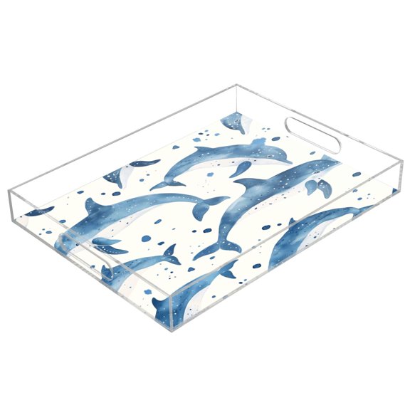Acrylic Tray 15.7*11.8*1.9 Inch Transparent Tray Food Tray Tea Cup Tray Serving Trays Cosmetics Storage Kitchen Table Bathroom Sundry Storage Cartoon Dolphin