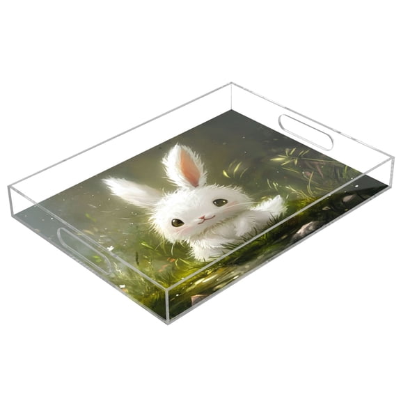 Acrylic Tray 15.7*11.8*1.9 Inch Transparent Tray Food Tray Tea Cup Tray Serving Trays Cosmetics Storage Kitchen Table Bathroom Sundry Storage Cartoon Cute White Rabbit