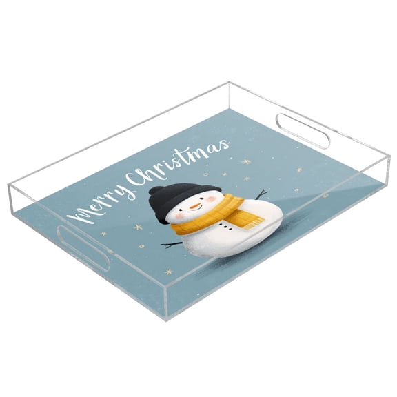Acrylic Tray 15.7*11.8*1.9 Inch Transparent Tray Food Tray Tea Cup Tray Serving Trays Cosmetics Storage Kitchen Table Bathroom Sundry Storage Cartoon Christmas Snowman