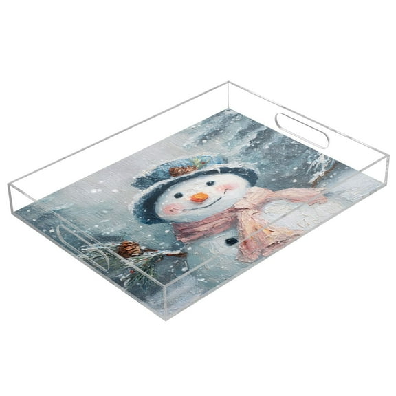 Acrylic Tray 15.7*11.8*1.9 Inch Transparent Tray Food Tray Tea Cup Tray Serving Trays Cosmetics Storage Kitchen Table Bathroom Sundry Storage Cartoon Beautiful Christmas Snowman