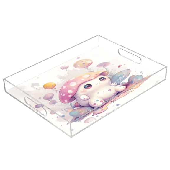 Acrylic Tray 15.7*11.8*1.9 Inch Transparent Tray Food Tray Tea Cup Tray Serving Trays Cosmetics Storage Kitchen Table Bathroom Sundry Storage Cartoon Beautiful Pink Mushroom