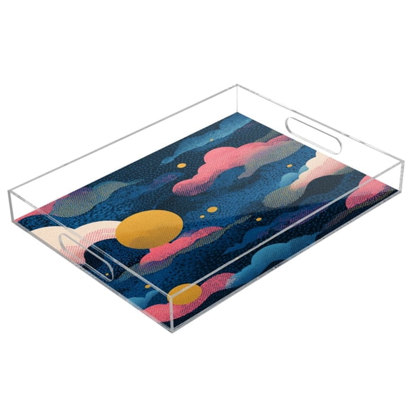 Acrylic Tray 15.7*11.8*1.9 Inch Transparent Tray Food Tray Tea Cup Tray Serving Trays Cosmetics Storage Kitchen Table Bathroom Sundry Storage Cartoon Color Cloud
