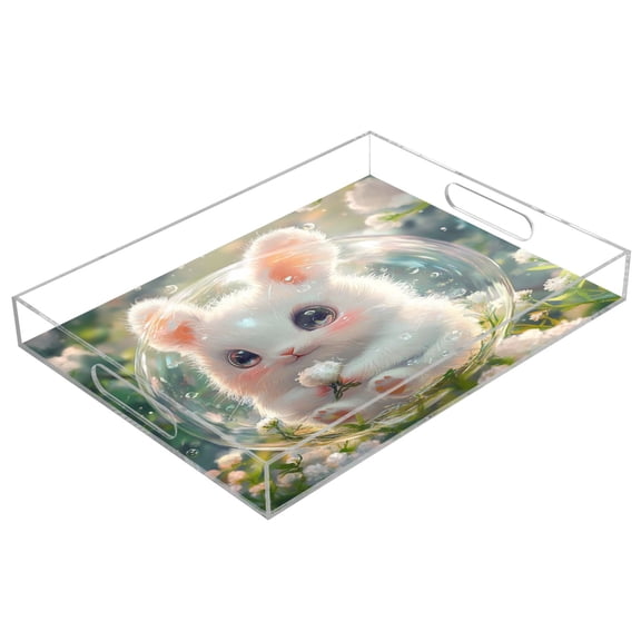 Acrylic Tray 15.7*11.8*1.9 Inch Transparent Tray Food Tray Tea Cup Tray Serving Trays Cosmetics Storage Kitchen Table Bathroom Sundry Storage Cartoon Bubble Rabbit