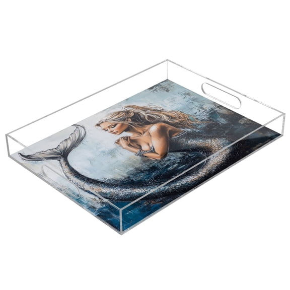 Acrylic Tray 15.7*11.8*1.9 Inch Transparent Tray Food Tray Tea Cup Tray Serving Trays Cosmetics Storage Kitchen Table Bathroom Sundry Storage Cartoon Mermaid Pattern