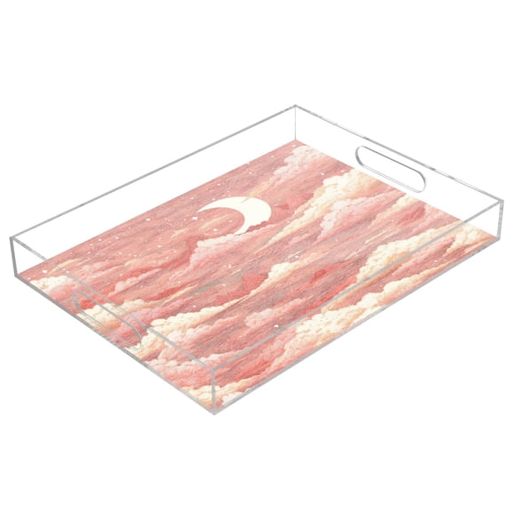 Acrylic Tray 15.7*11.8*1.9 Inch Transparent Tray Food Tray Tea Cup Tray Serving Trays Cosmetics Storage Kitchen Table Bathroom Sundry Storage Cartoon Pink Cloud