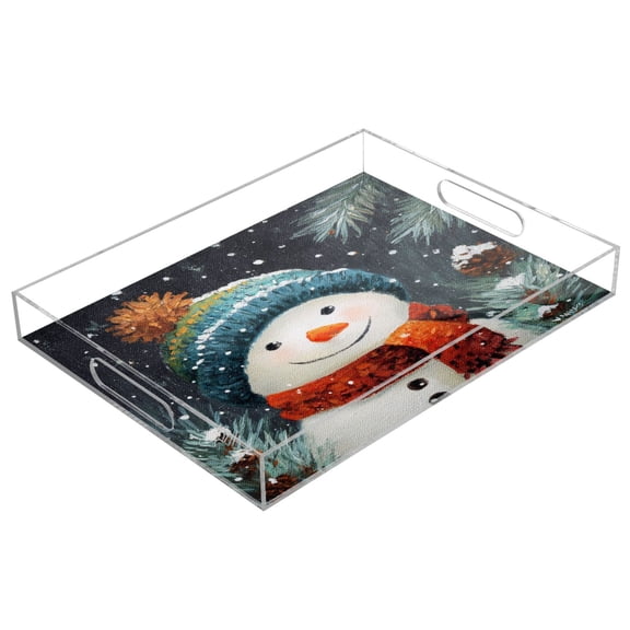 Acrylic Tray 15.7*11.8*1.9 Inch Transparent Tray Food Tray Tea Cup Tray Serving Trays Cosmetics Storage Kitchen Table Bathroom Sundry Storage Cartoon Christmas Snowman Beautiful