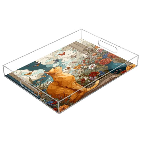 Acrylic Tray 15.7*11.8*1.9 Inch Transparent Tray Food Tray Tea Cup Tray Serving Trays Cosmetics Storage Kitchen Table Bathroom Sundry Storage Charming Feline Breeze
