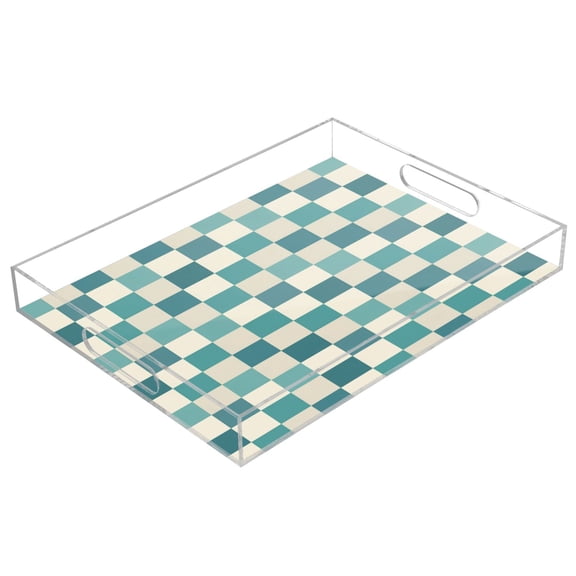 Acrylic Tray 15.7*11.8*1.9 Inch Transparent Tray Food Tray Tea Cup Tray Serving Trays Cosmetics Storage Kitchen Table Bathroom Sundry Storage Checkerboard Pattern