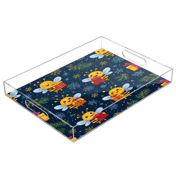 Acrylic Tray 15.7*11.8*1.9 Inch Transparent Tray Food Tray Tea Cup Tray Serving Trays Cosmetics Storage Kitchen Table Bathroom Sundry Storage Christmas Bees