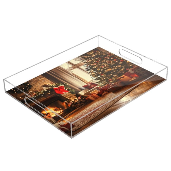 Acrylic Tray 15.7*11.8*1.9 Inch Transparent Tray Food Tray Tea Cup Tray Serving Trays Cosmetics Storage Kitchen Table Bathroom Sundry Storage Christmas Fireplace Picture