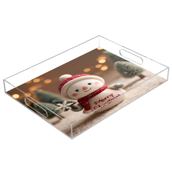 Acrylic Tray 15.7*11.8*1.9 Inch Transparent Tray Food Tray Tea Cup Tray Serving Trays Cosmetics Storage Kitchen Table Bathroom Sundry Storage Christmas Snowman Cartoon