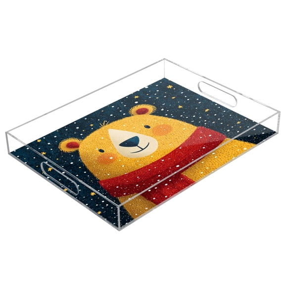 Acrylic Tray 15.7*11.8*1.9 Inch Transparent Tray Food Tray Tea Cup Tray Serving Trays Cosmetics Storage Kitchen Table Bathroom Sundry Storage Christmas Yellow Bear
